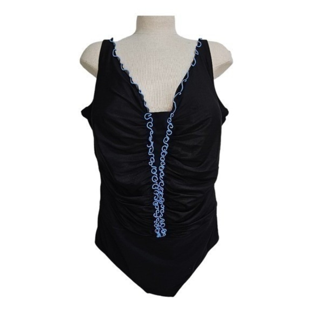 Profile by Gottex Plus Swimsuit 22W Black One Piece Blue Ruffle Tummy Control